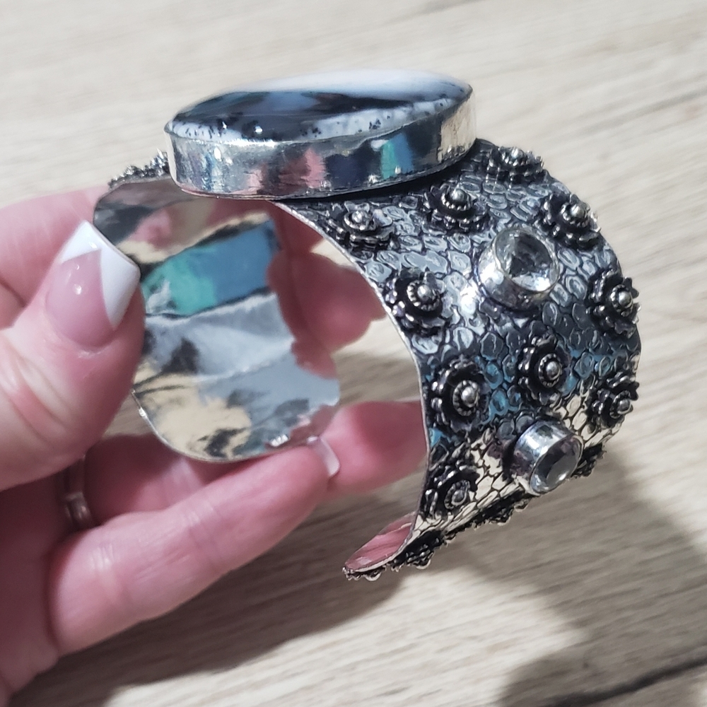 Opal bracelet, dendritic opal, 925 silver, cuff opal bracelet - Picture 8 of 13